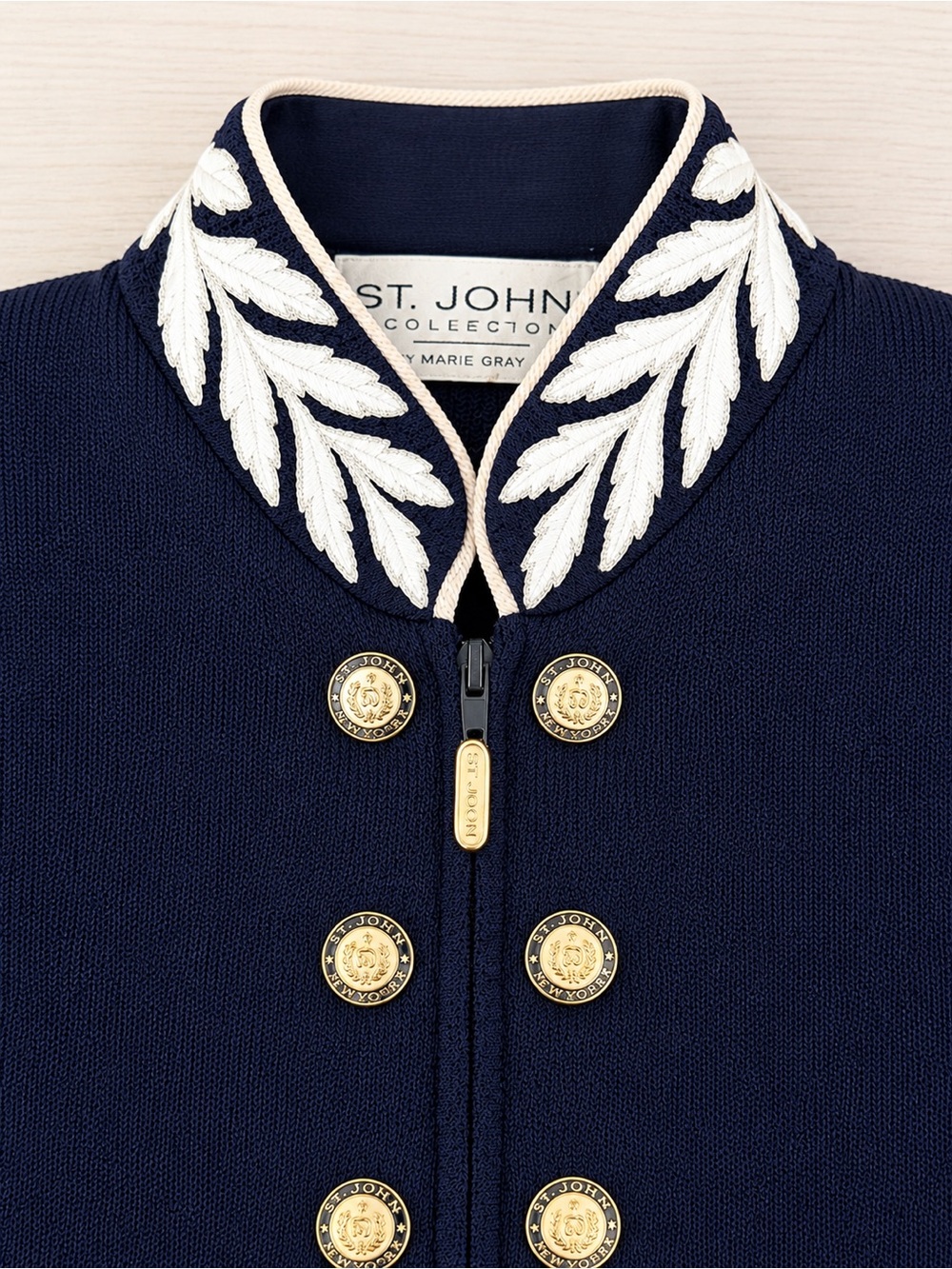 St. John Marie Gray Santana Knit Jacket Navy Embroidered Collar Gold Buttons S - Picture 1 of 12